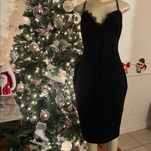 Bebe Black Lace-Trim Spaghetti Strap Dress